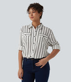 Long Sleeve Stripe Casual Shirt with Pockets — Deep Voyage Stripe — view 4