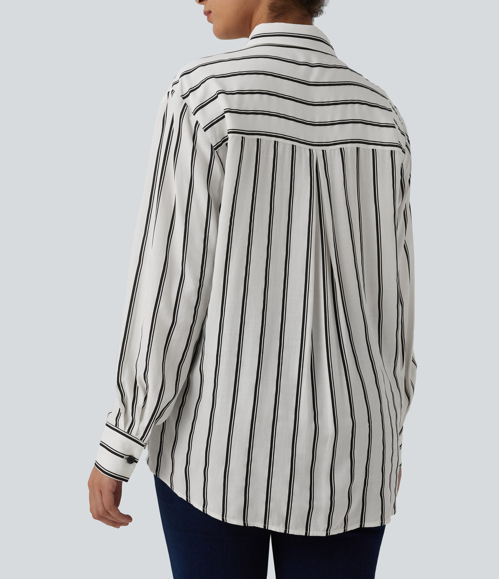 Long Sleeve Stripe Casual Shirt with Pockets — Deep Voyage Stripe — view 5