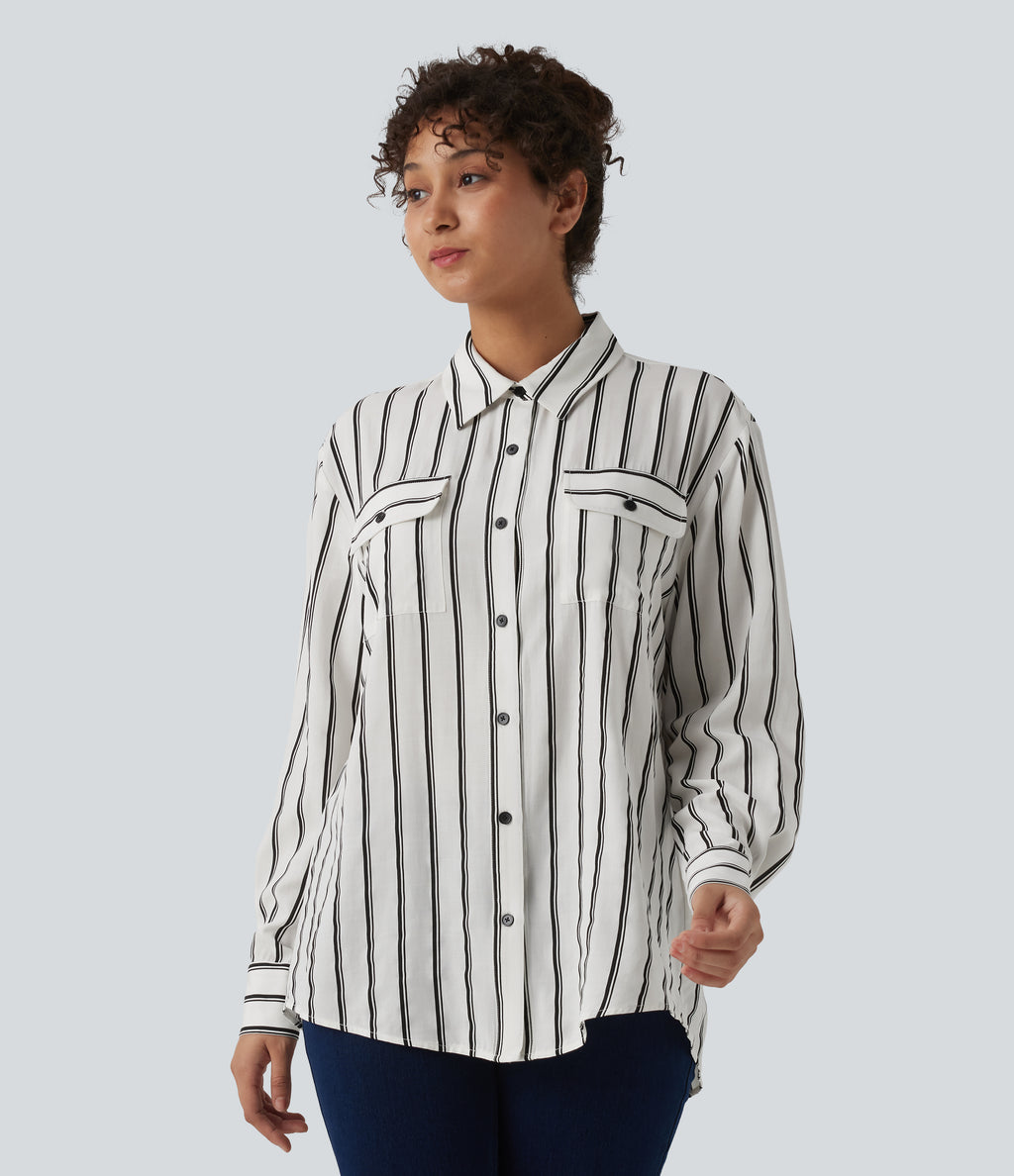 Long Sleeve Stripe Casual Shirt with Pockets — Deep Voyage Stripe — view 7