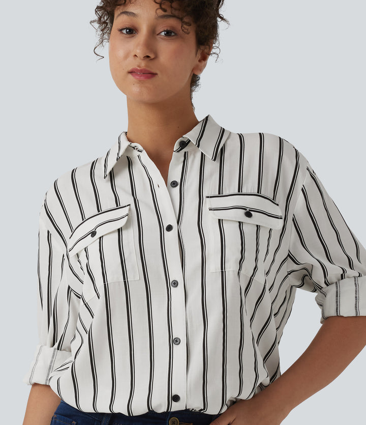 Long Sleeve Stripe Casual Shirt with Pockets — Deep Voyage Stripe — view 1