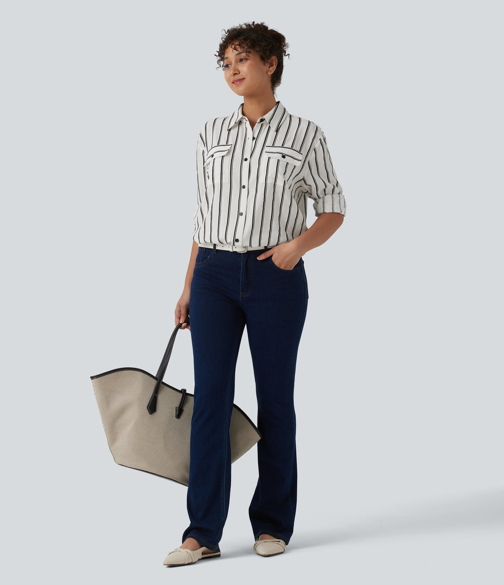 Long Sleeve Stripe Casual Shirt with Pockets — Deep Voyage Stripe — view 8