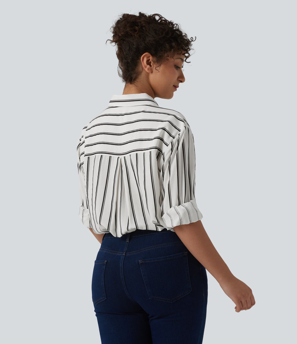 Long Sleeve Stripe Casual Shirt with Pockets — Deep Voyage Stripe — view 2