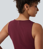 Round Neck Sleeveless Ruched Mini Work Dress with Pockets — Chocolate Truffle — view 4
