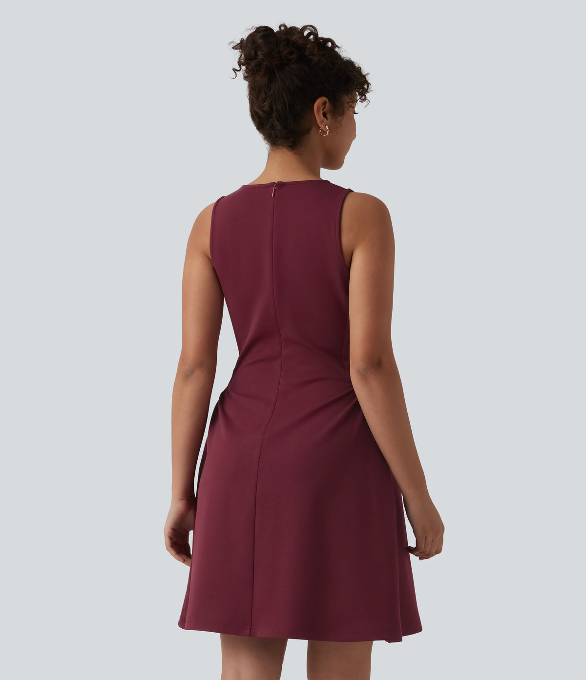 Round Neck Sleeveless Ruched Mini Work Dress with Pockets — Chocolate Truffle — view 2