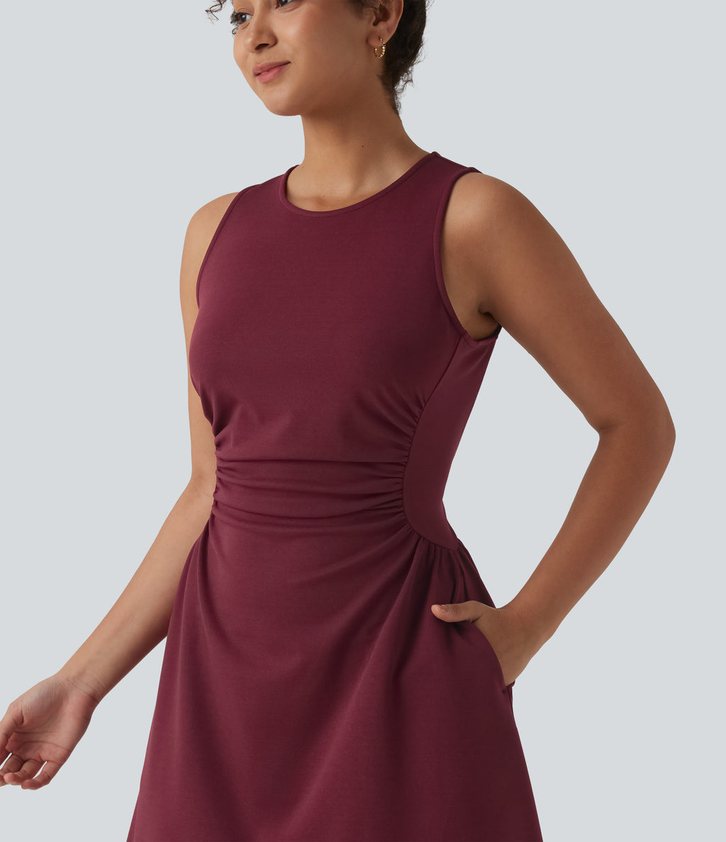 Round Neck Sleeveless Ruched Mini Work Dress with Pockets — Chocolate Truffle — view 5