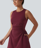Round Neck Sleeveless Ruched Mini Work Dress with Pockets — Chocolate Truffle — view 5