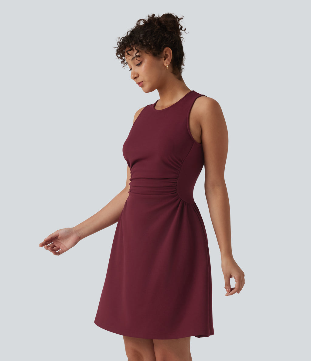 Round Neck Sleeveless Ruched Mini Work Dress with Pockets — Chocolate Truffle — view 3