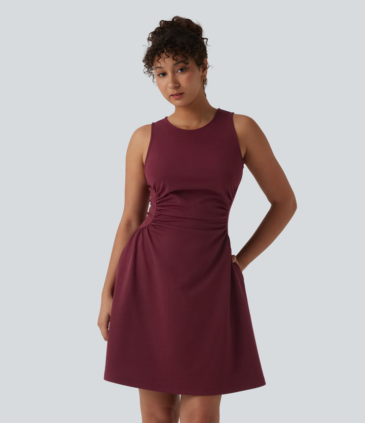 Round Neck Sleeveless Ruched Mini Work Dress with Pockets — Chocolate Truffle — view 1