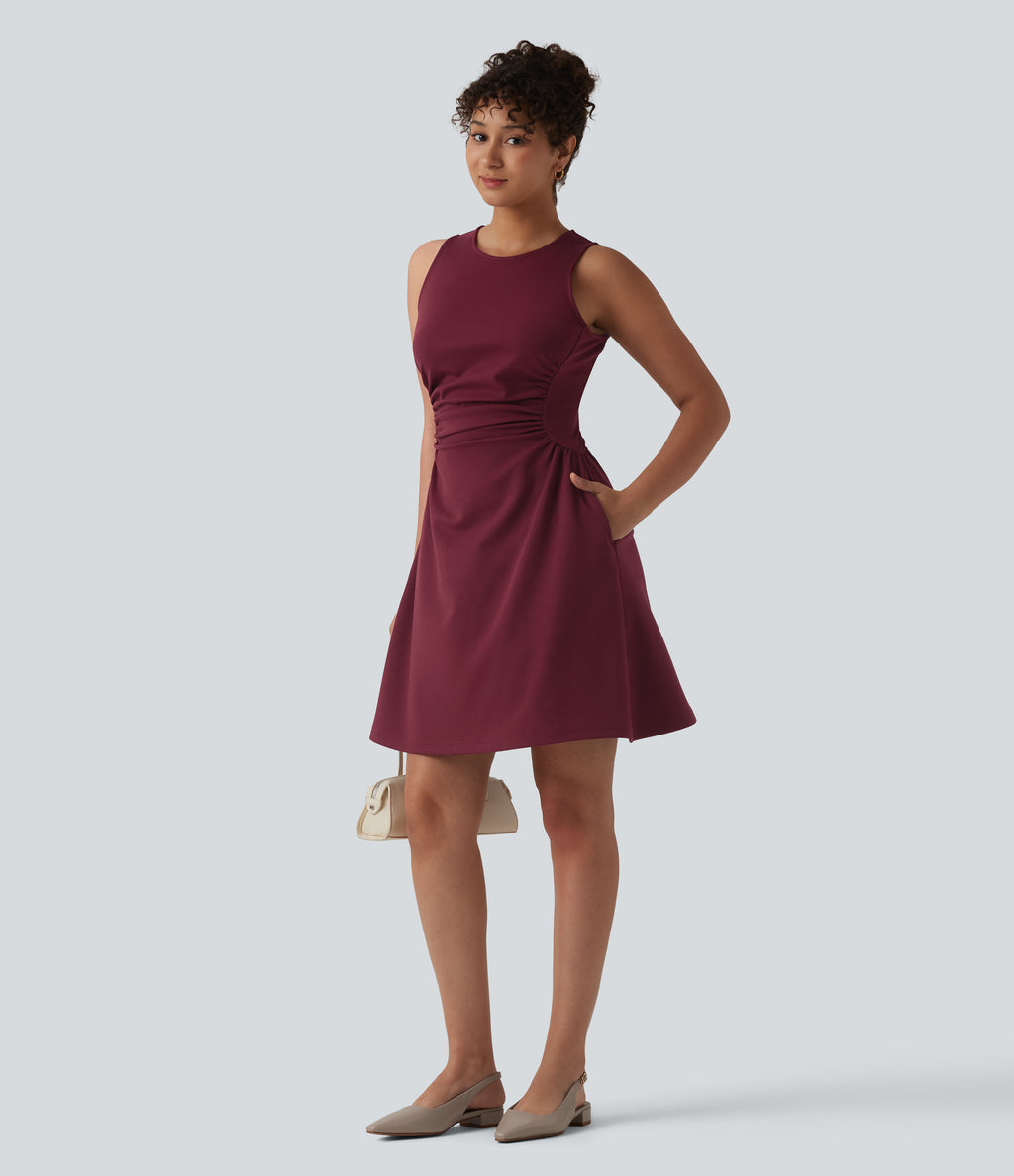 Round Neck Sleeveless Ruched Mini Work Dress with Pockets — Chocolate Truffle — view 6
