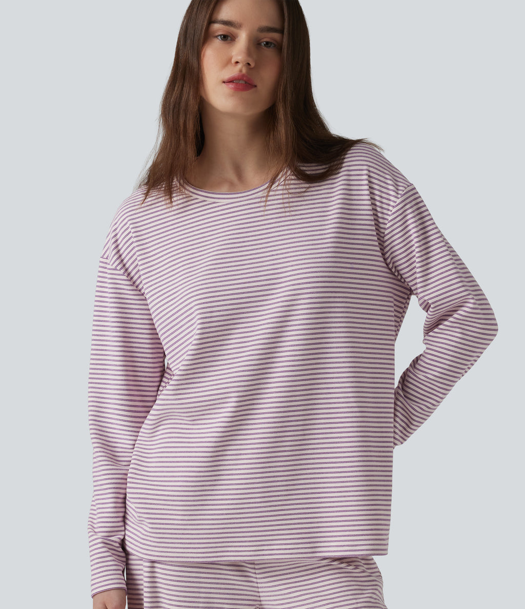 Round Neck Long Sleeve Stripes Lounge Top — Rhyme purple stripes — view 1