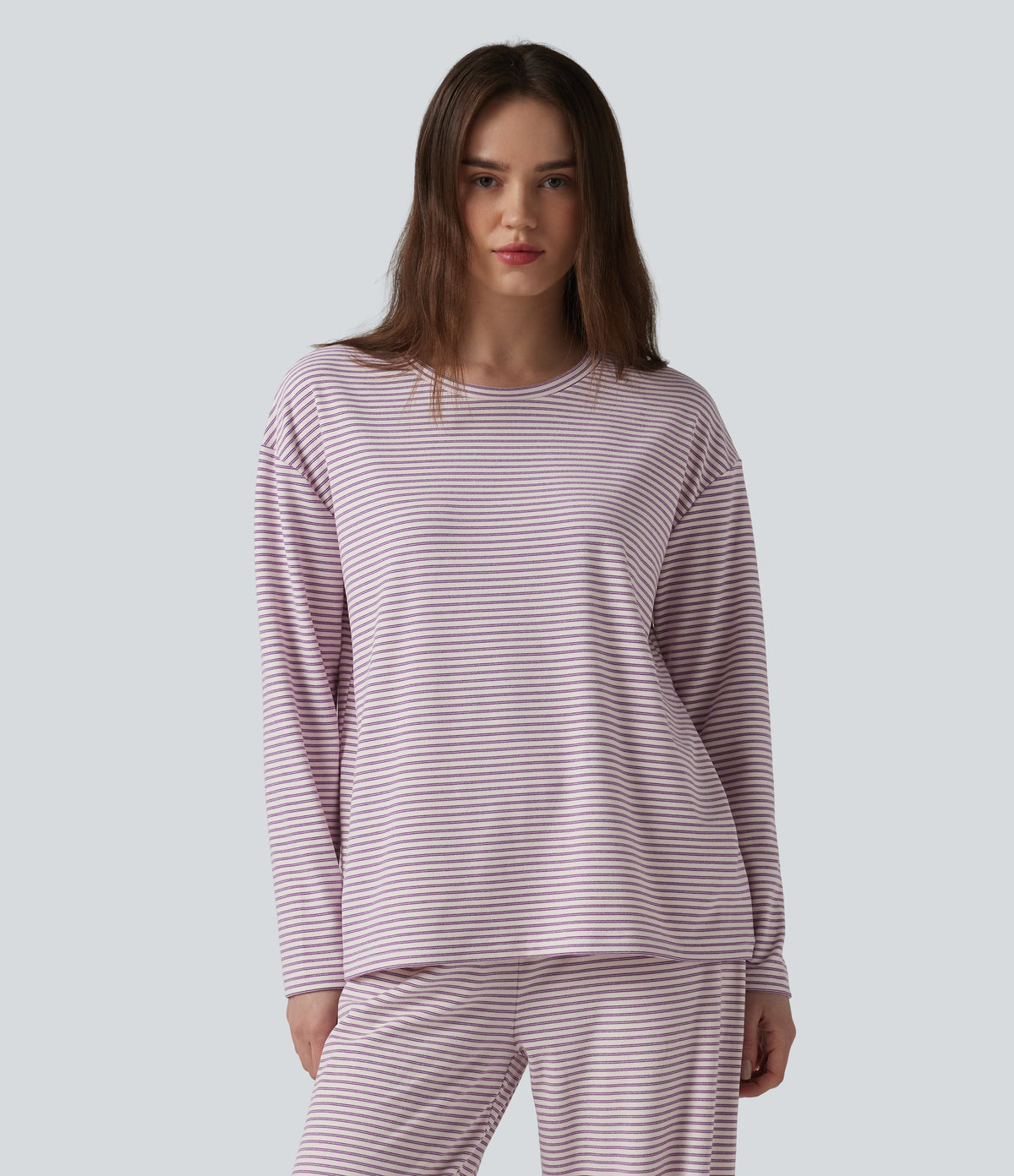 Round Neck Long Sleeve Stripes Lounge Top — Rhyme purple stripes — view 4