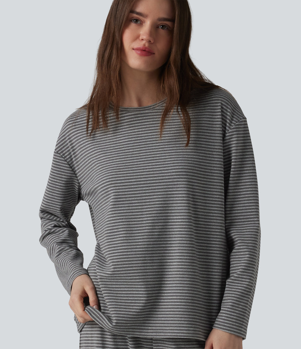 Round Neck Long Sleeve Stripes Lounge Top — Black & White Stripes — view 6