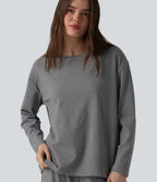 Round Neck Long Sleeve Stripes Lounge Top — Black & White Stripes — view 6