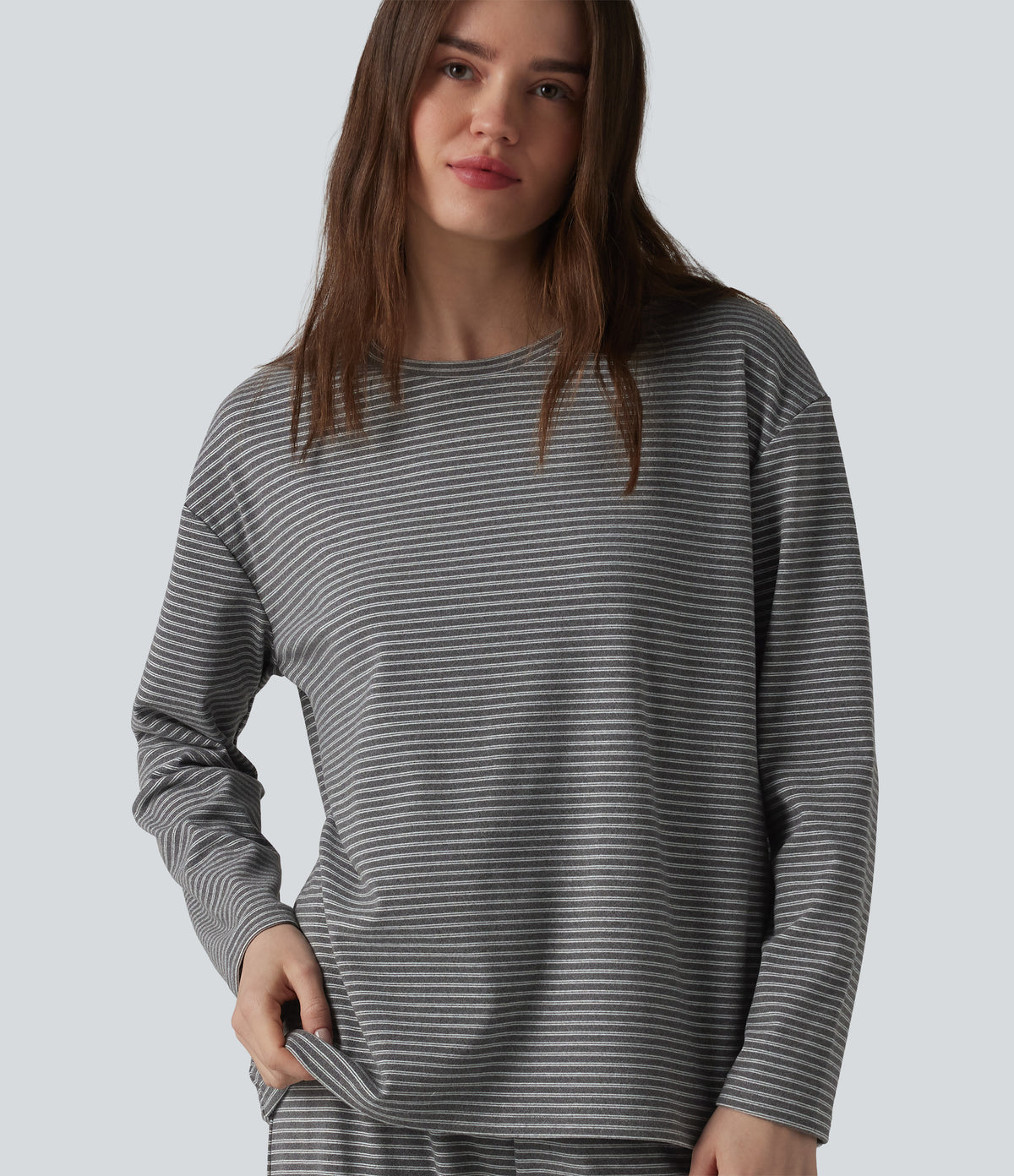 Round Neck Long Sleeve Stripes Lounge Top — Black & White Stripes — view 6