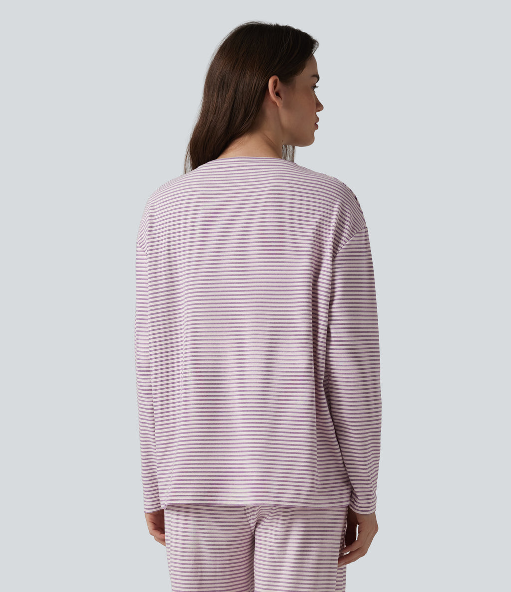 Round Neck Long Sleeve Stripes Lounge Top — Rhyme purple stripes — view 2
