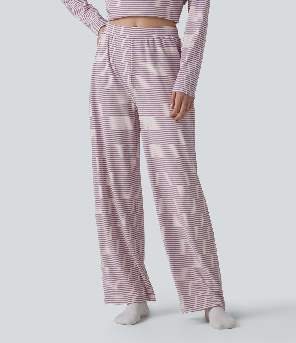 High Waisted Stripes Baggy Lounge Trousers — Rhyme purple stripes — view 1