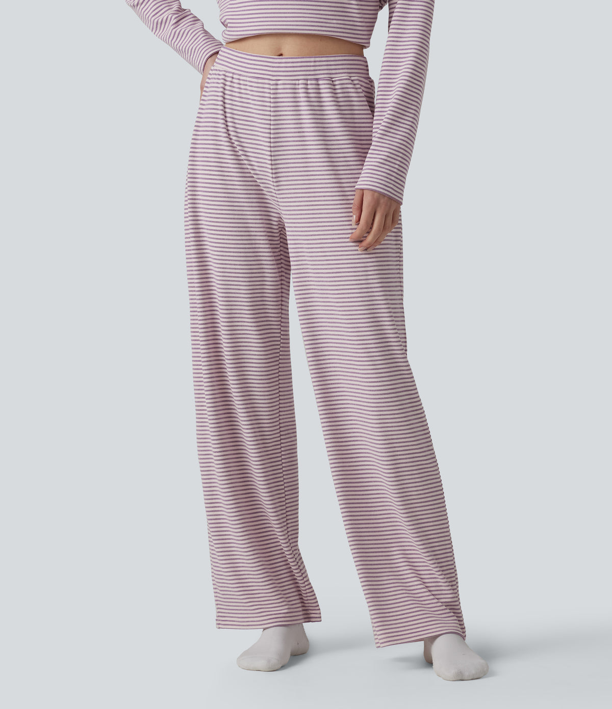 High Waisted Stripes Baggy Lounge Trousers — Rhyme purple stripes — view 1