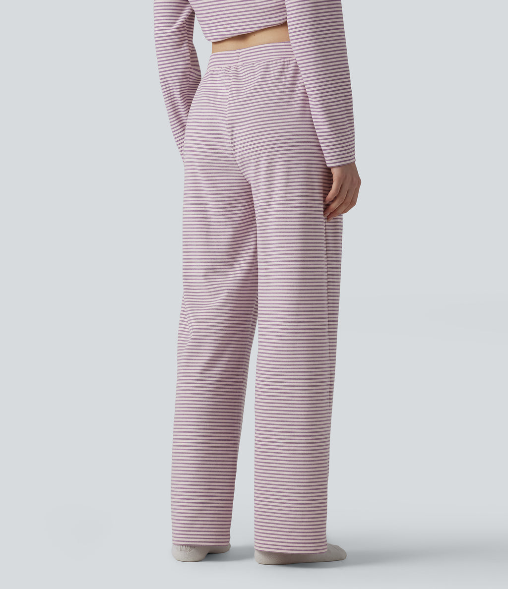 High Waisted Stripes Baggy Lounge Trousers — Rhyme purple stripes — view 2