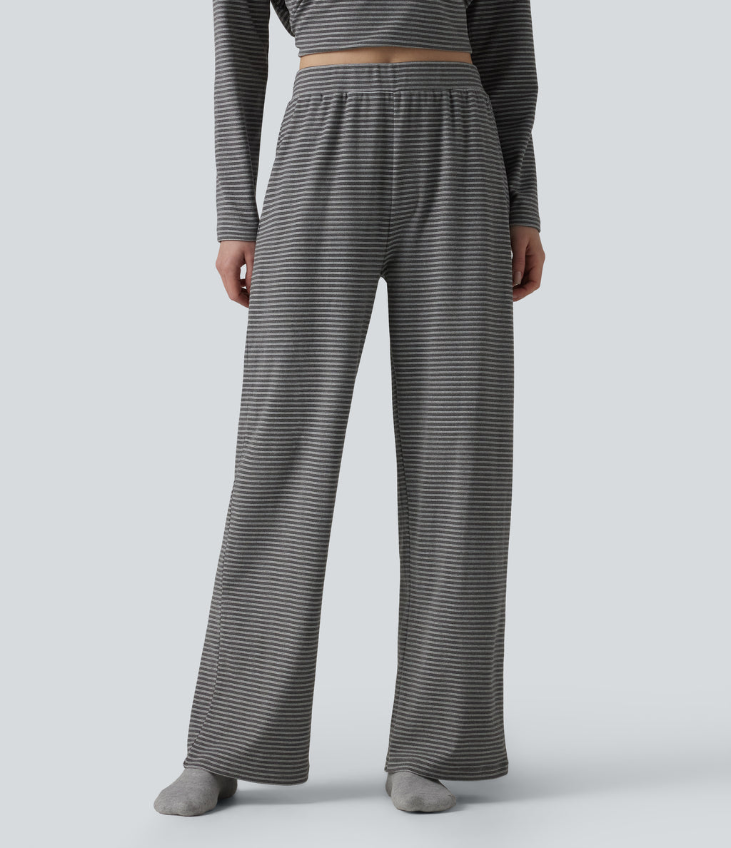 High Waisted Stripes Baggy Lounge Trousers — Black & White Stripes — view 6