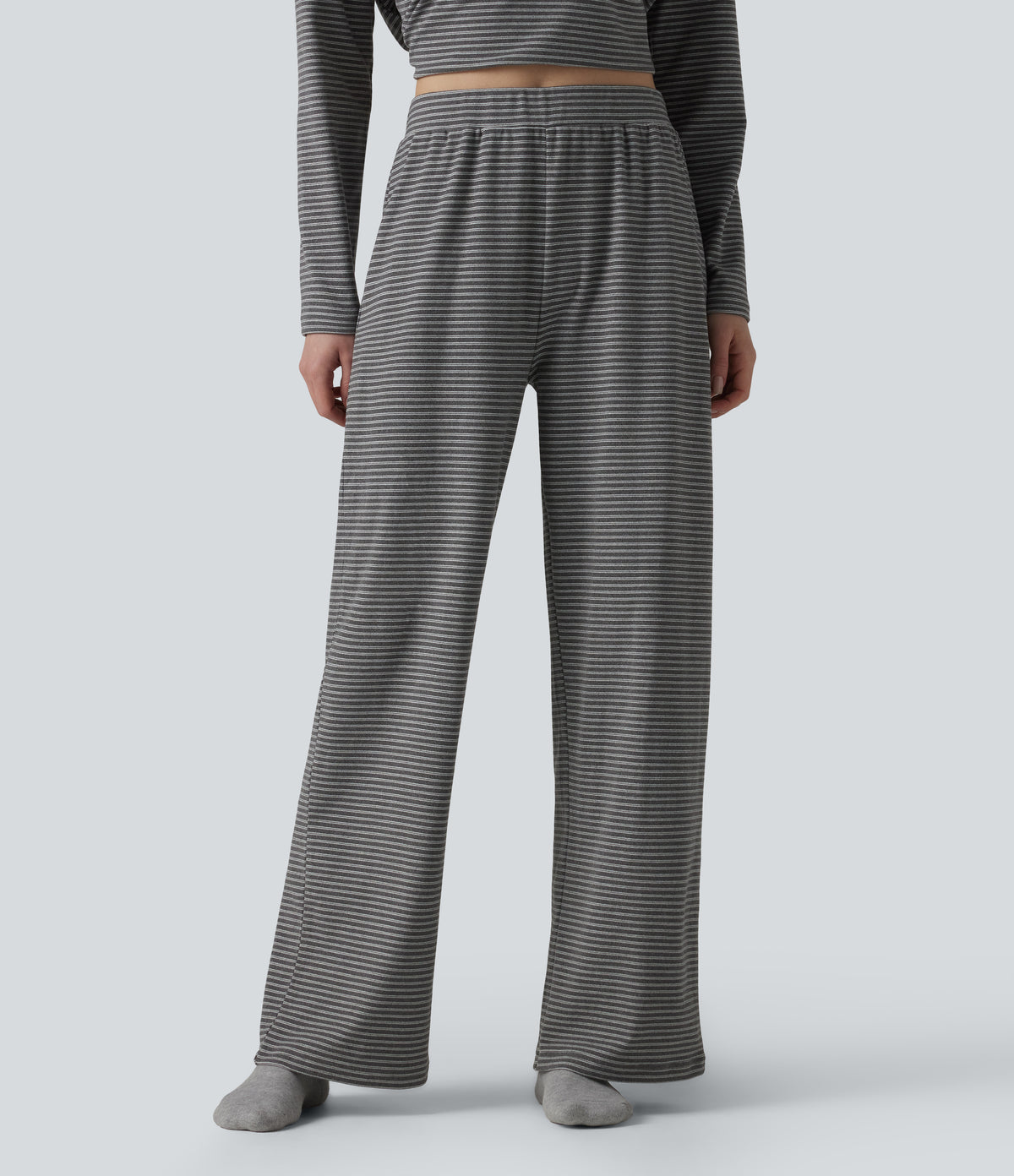 High Waisted Stripes Baggy Lounge Trousers — Black & White Stripes — view 6