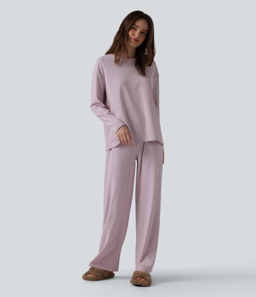 High Waisted Stripes Baggy Lounge Trousers — Rhyme purple stripes — view 5