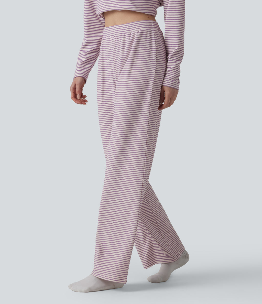 High Waisted Stripes Baggy Lounge Trousers — Rhyme purple stripes — view 3
