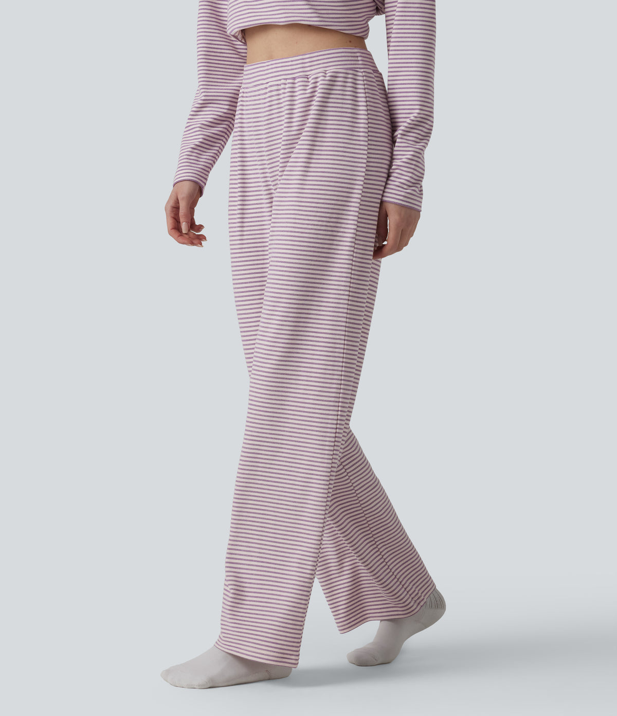 High Waisted Stripes Baggy Lounge Trousers — Rhyme purple stripes — view 3