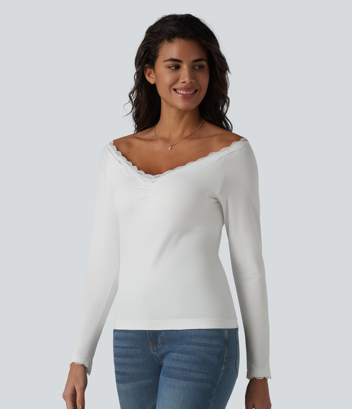 Lace Off Shoulder Built-in Bra Long Sleeve Casual Top — White — view 4
