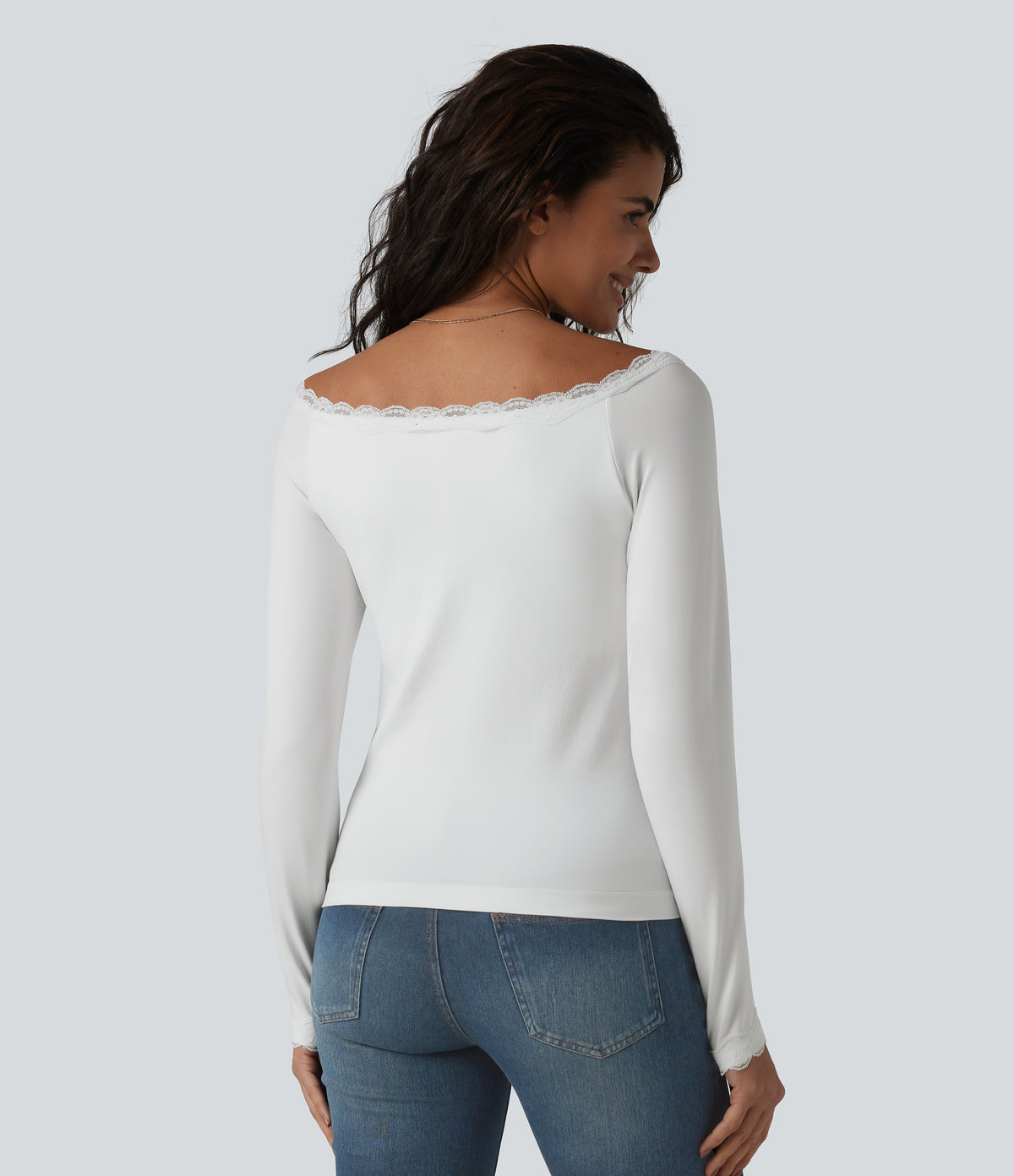 Lace Off Shoulder Built-in Bra Long Sleeve Casual Top — White — view 2