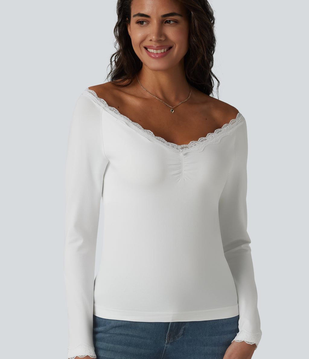 Lace Off Shoulder Built-in Bra Long Sleeve Casual Top — White — view 5