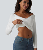 Lace Off Shoulder Built-in Bra Long Sleeve Casual Top — White — view 1