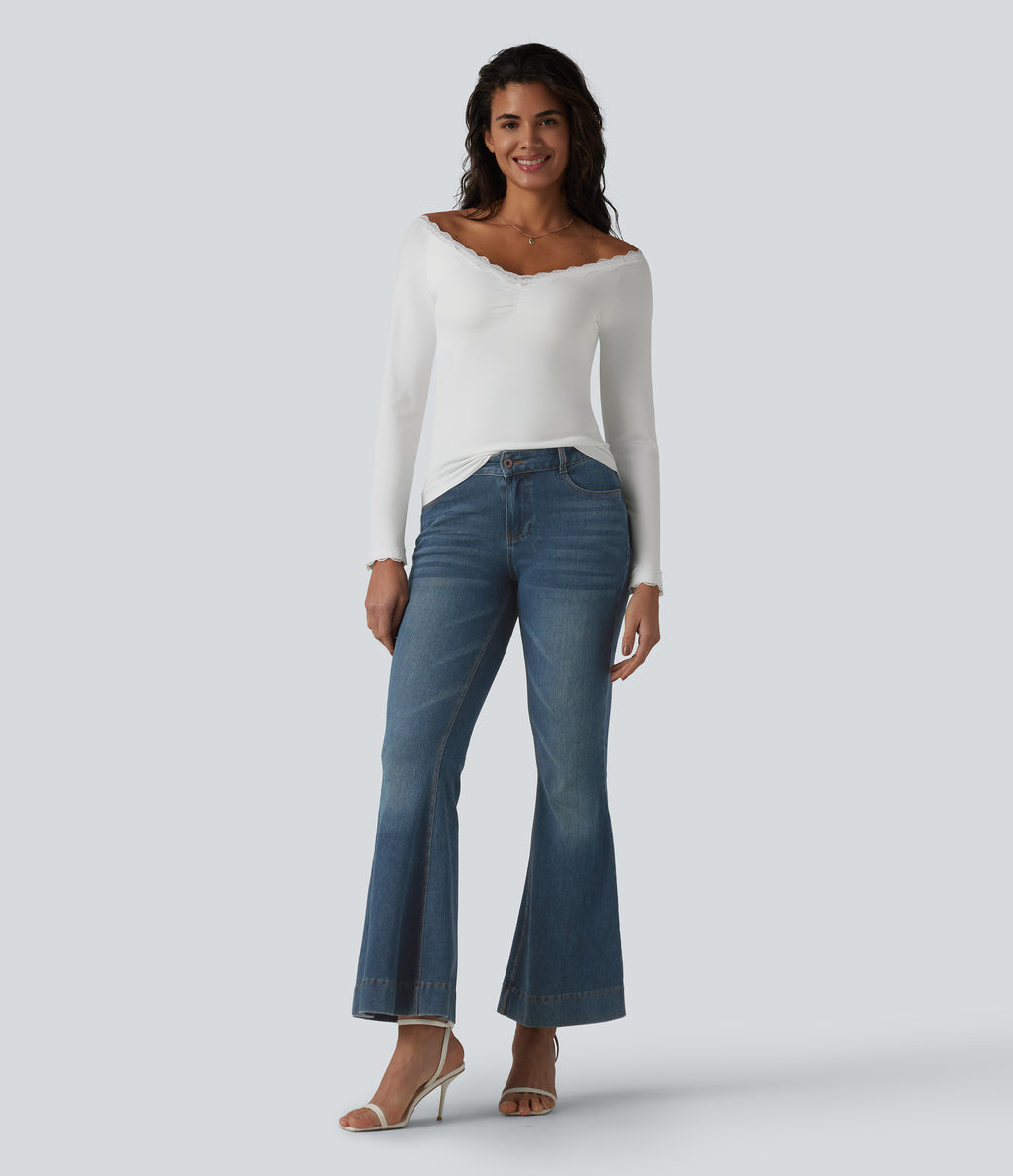 Lace Off Shoulder Built-in Bra Long Sleeve Casual Top — White — view 7