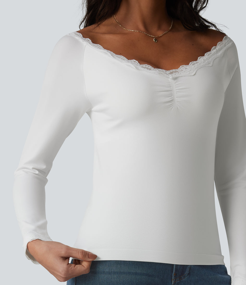 Lace Off Shoulder Built-in Bra Long Sleeve Casual Top — White — view 6