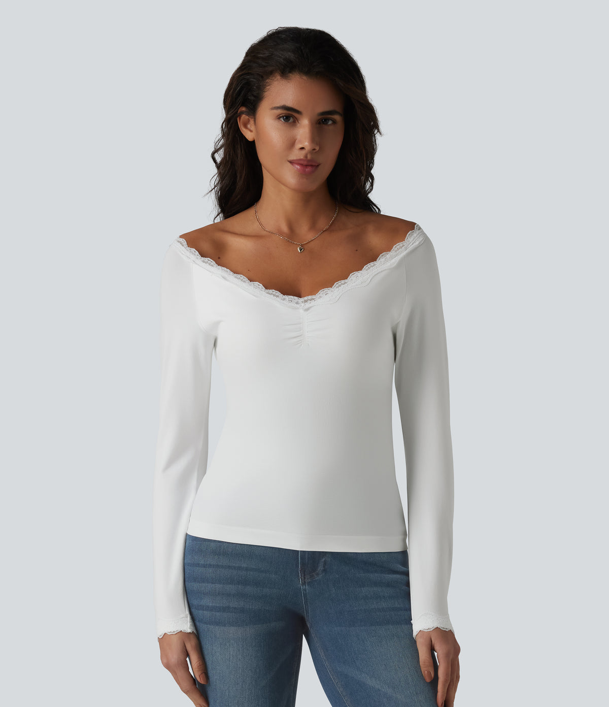 Lace Off Shoulder Built-in Bra Long Sleeve Casual Top — White — view 3