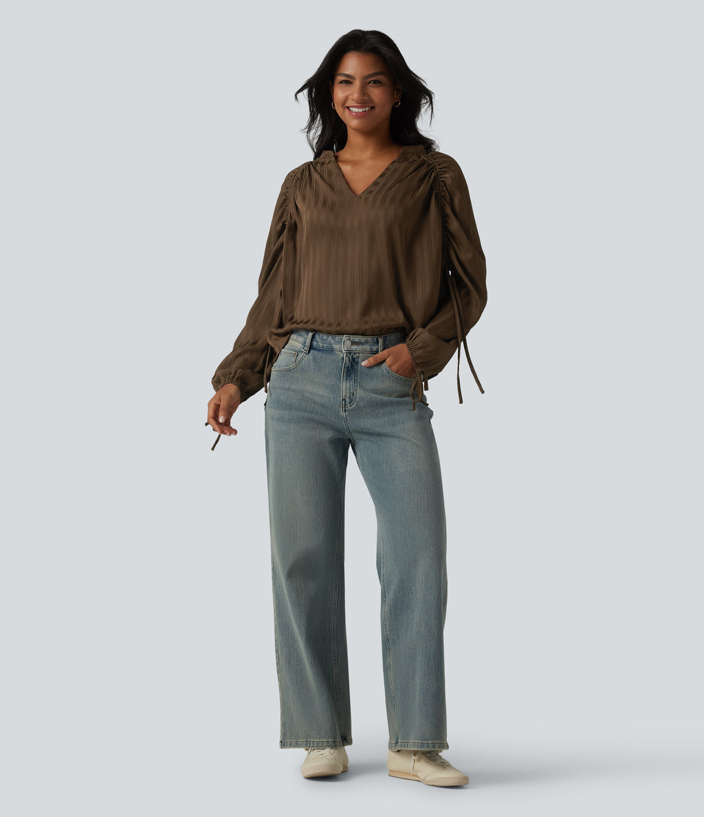 V Neck Bishop Long Sleeve Casual Blouse — Cocoa — view 6