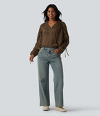 V Neck Bishop Long Sleeve Casual Blouse — Cocoa — view 6