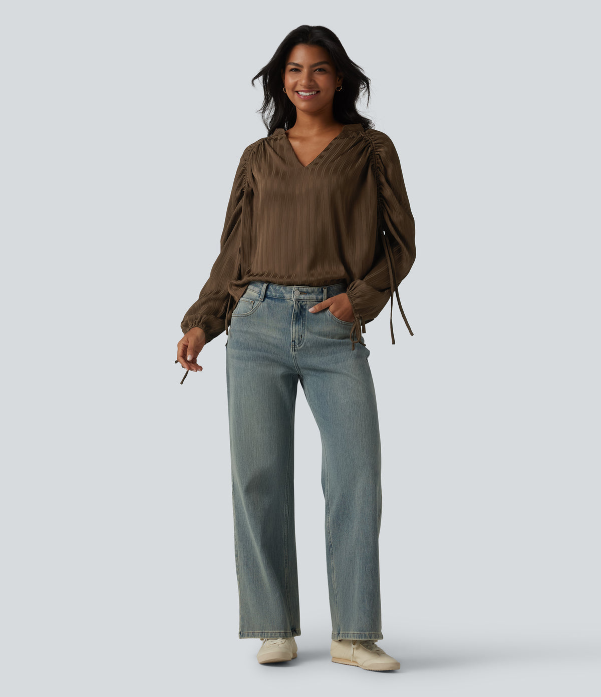 V Neck Bishop Long Sleeve Casual Blouse — Cocoa — view 6