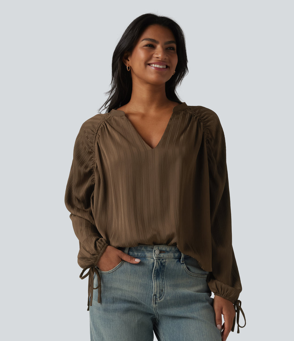 V Neck Bishop Long Sleeve Casual Blouse — Cocoa — view 1
