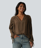 V Neck Bishop Long Sleeve Casual Blouse — Cocoa — view 1