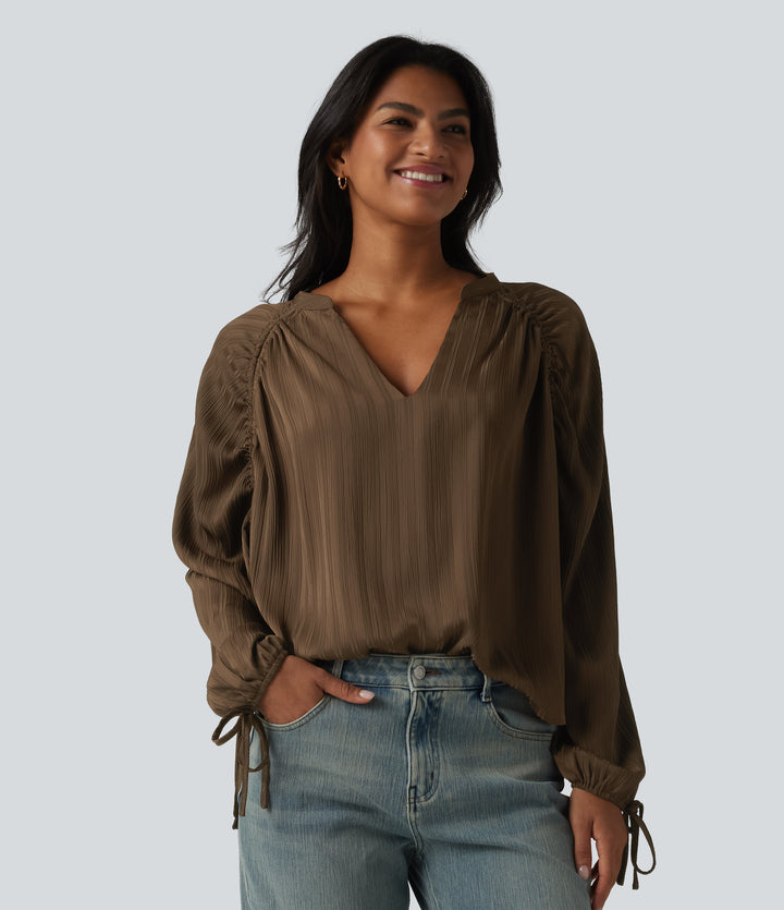 V Neck Bishop Long Sleeve Casual Blouse — Cocoa — view 1