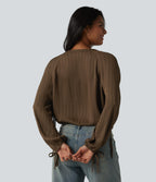 V Neck Bishop Long Sleeve Casual Blouse — Cocoa — view 2