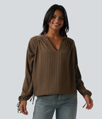V Neck Bishop Long Sleeve Casual Blouse — Cocoa — view 5