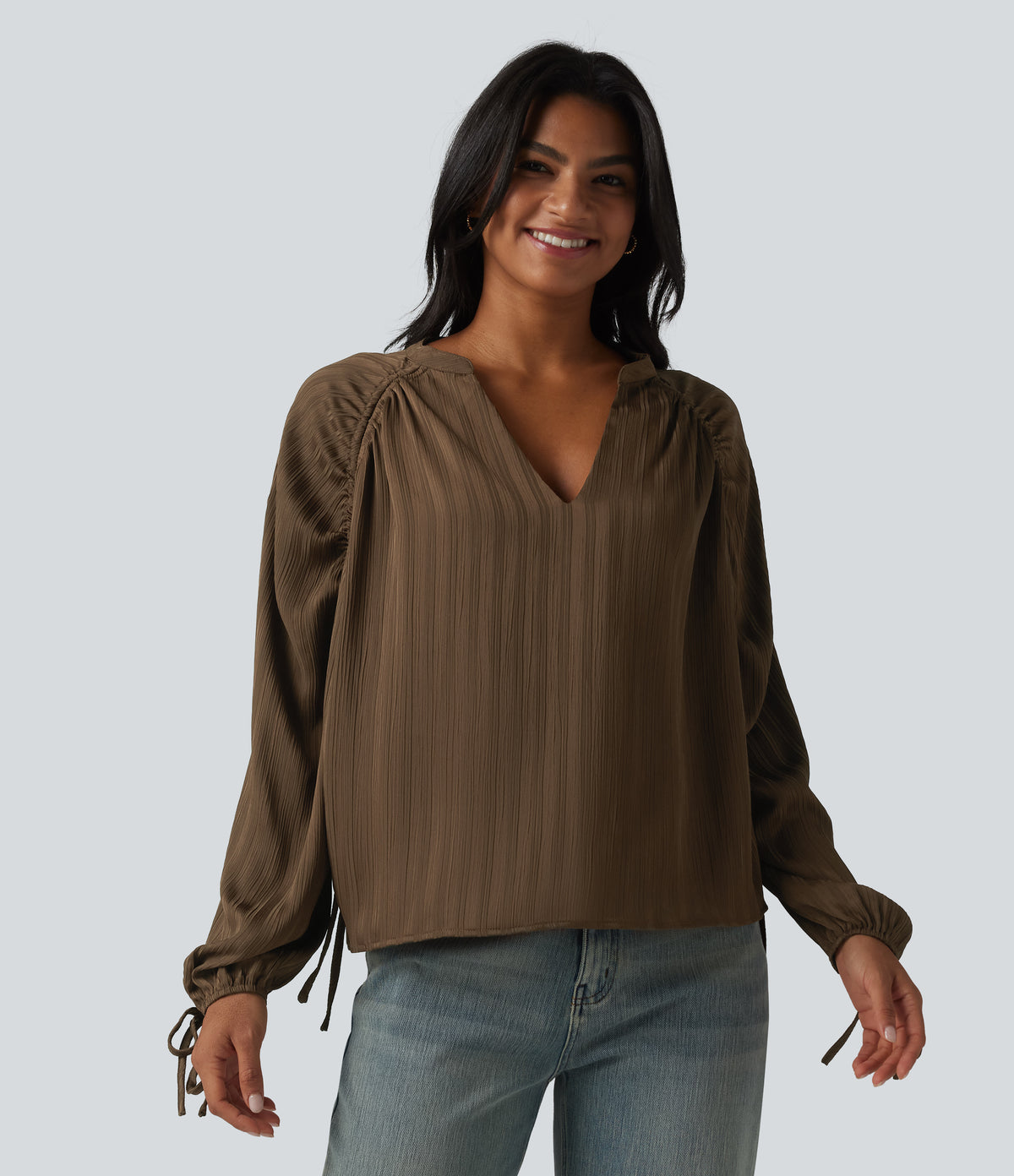 V Neck Bishop Long Sleeve Casual Blouse — Cocoa — view 5