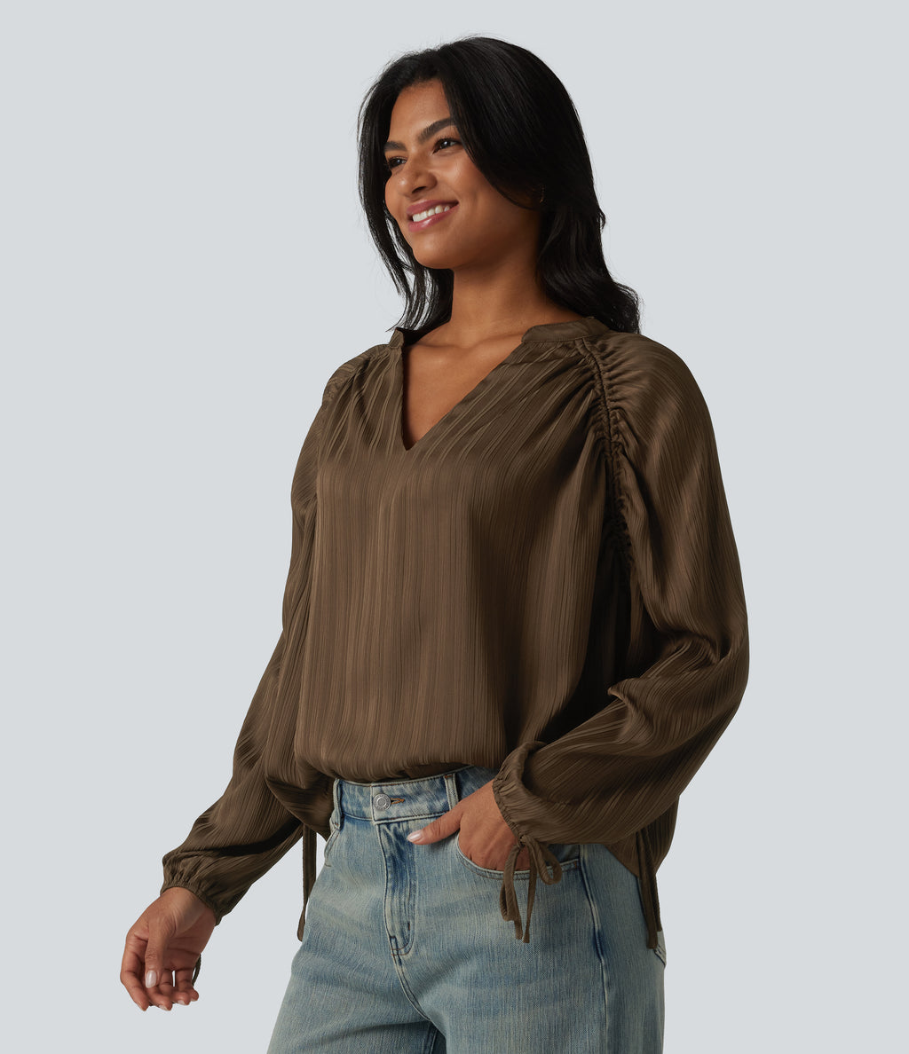 V Neck Bishop Long Sleeve Casual Blouse — Cocoa — view 3