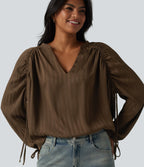 V Neck Bishop Long Sleeve Casual Blouse — Cocoa — view 4