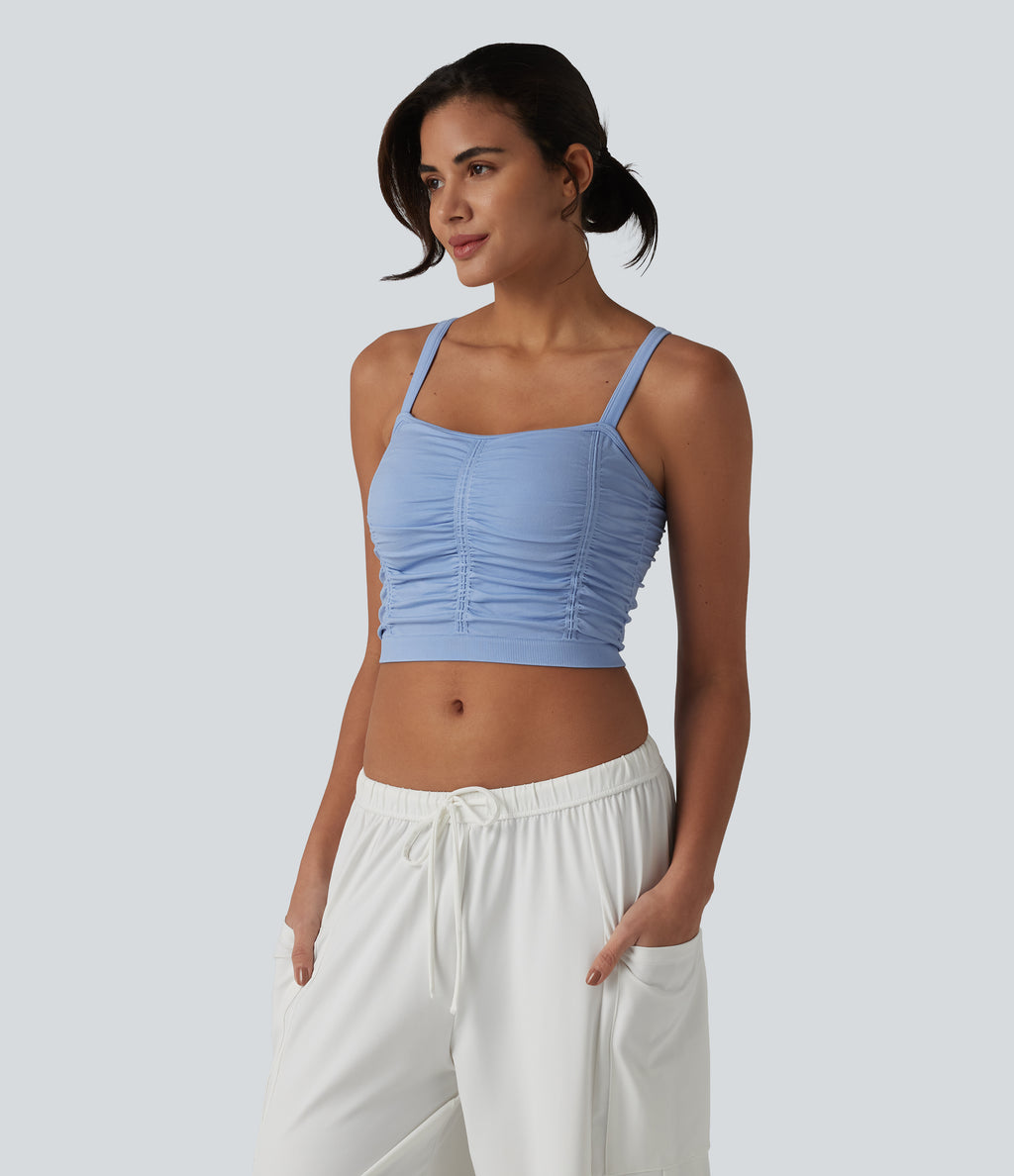 OneForm Seamless Flow Crisscross Back Ruched Cropped Built-in Bra Yoga Tank Top — Polaris Star — view 4