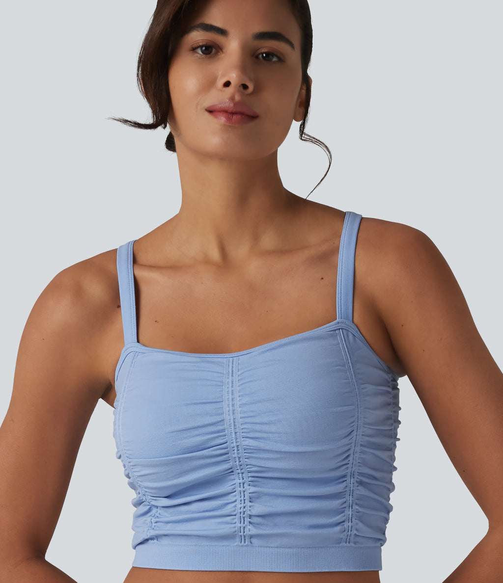 OneForm Seamless Flow Crisscross Back Ruched Cropped Built-in Bra Yoga Tank Top — Polaris Star — view 5