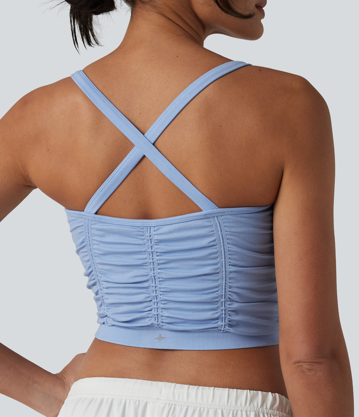 OneForm Seamless Flow Crisscross Back Ruched Cropped Built-in Bra Yoga Tank Top — Polaris Star — view 6