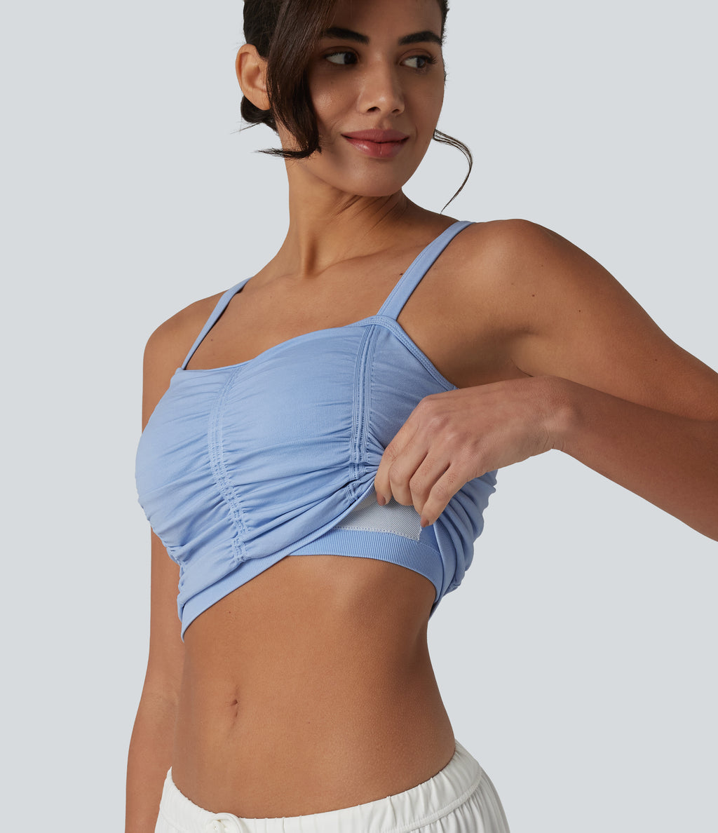 OneForm Seamless Flow Crisscross Back Ruched Cropped Built-in Bra Yoga Tank Top — Polaris Star — view 1