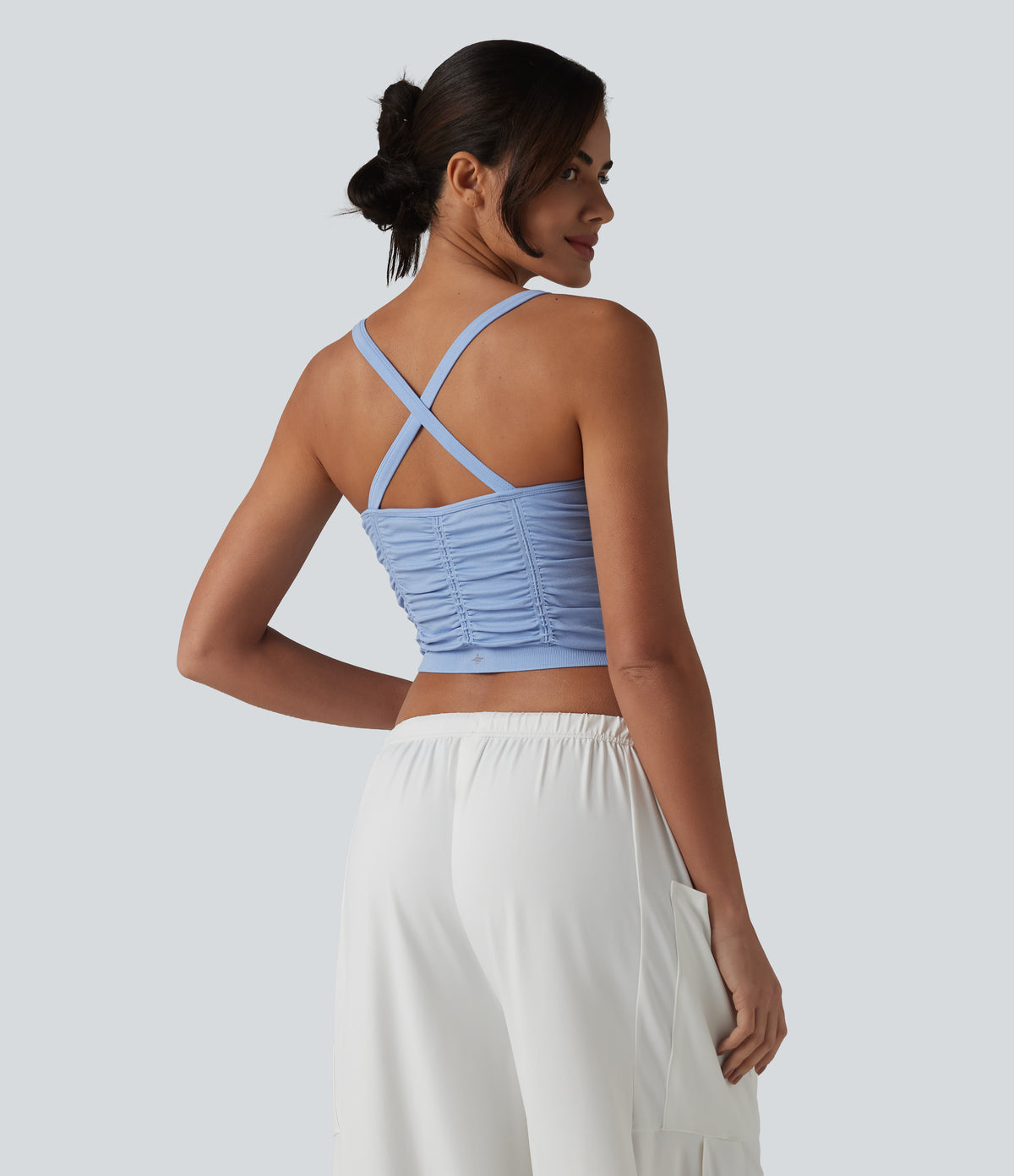OneForm Seamless Flow Crisscross Back Ruched Cropped Built-in Bra Yoga Tank Top — Polaris Star — view 2